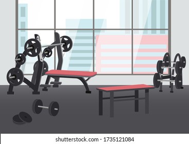 Empty Sports Center Flat Color Vector Illustration. Fitness Club 2D Cartoon Interior With Weightlifting Equipment On Background. Gym With No People Inside. Dumbbells And Barbells For Bodybuilding