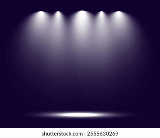 Empty spotlight stage with dark gradient background and bright beams of light illuminating the center. Suitable for presentations, performances, or dramatic effects.