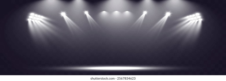 Empty spotlight stage with dark gradient background and bright beams of light illuminating the center. Suitable for presentations, performances, or dramatic effects.	