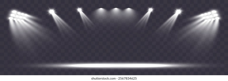 Empty spotlight stage with dark gradient background and bright beams of light illuminating the center. Suitable for presentations, performances, or dramatic effects.	