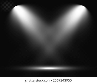 Empty spotlight stage with dark gradient background and bright beams of light illuminating the center. Suitable for presentations, performances, or dramatic effects.