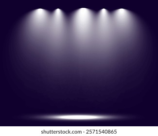 Empty spotlight stage with dark gradient background and bright beams of light illuminating the center. Suitable for presentations, performances, or dramatic effects.