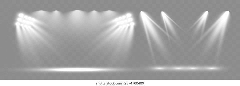 Empty spotlight stage with dark gradient background and bright beams of light illuminating the center. Suitable for presentations, performances, or dramatic effects.