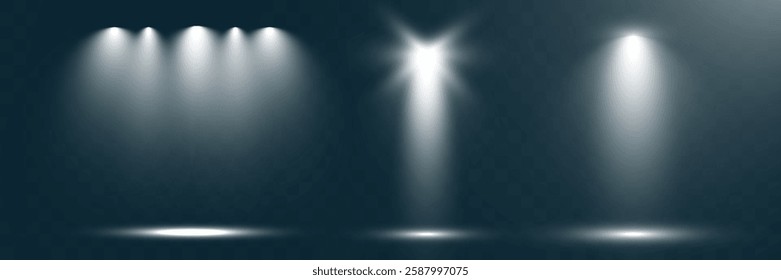 Empty spotlight stage with dark gradient background and bright beams of light illuminating the center. Suitable for presentations, performances, or dramatic effects.	