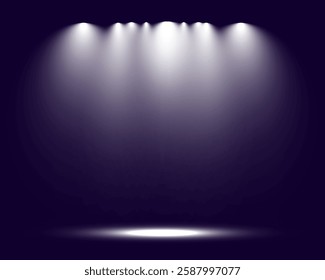 Empty spotlight stage with dark gradient background and bright beams of light illuminating the center. Suitable for presentations, performances, or dramatic effects.	