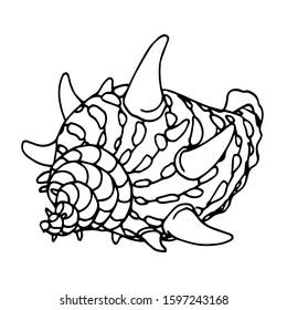 empty spotted shell with horns of a marine mollusk or hermit crab, aquarium decoration, vector illustration with black contour lines isolated on white background in Doodle and hand drawn style