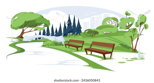 Empty spring or summer city park landscape. A bridge and a river in the middle of a green meadow. Skyscrapers Vector flat illustration