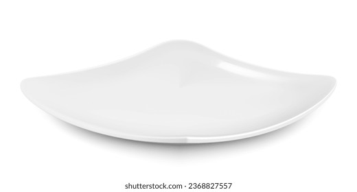 Placa de cerámica cuadrada vacía de ángulo bajo, aislada en fondo blanco. Platos blancos para papas fritas. Montaje de vajilla, utensilios de cocina. Ilustración vectorial realista. 3.ᵉʳ diseño