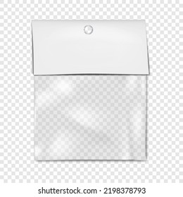 Empty Square Clear Plastic Pouch Bag With White Blank Paper Top And Hanging Hole Mock-up. Transparent Nylon Package Vector Mockup