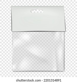 Empty Square Clear Plastic Pouch Bag With White Blank Paper Top And Euro Slot Mockup. Hanging Transparent Nylon Package Vector Mock-up