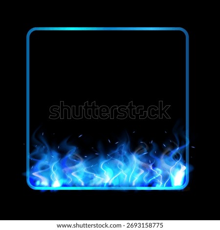 Empty square frame icon with a blue iridescent color. Cool energy, magical fire. Suitable for logos, emblems. Abstract shape. Vector illustration. Isolated background.