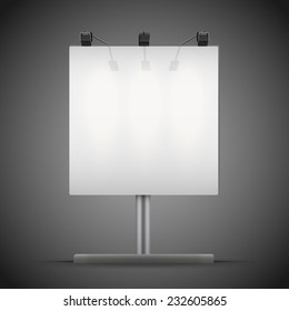 Empty Square Mockup Billboard With Spotlights And Illuminated At Night. Vector Illustration Isolated On Background.