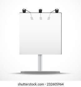 Empty Square Mockup Billboard With Spotlights And Day Light. Vector Illustration Isolated On White Background.