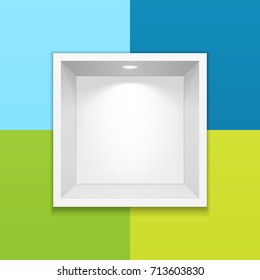 Empty Square Niche Shelf Display In The Wall. Blue, Green. To Present Your Product. Mock Up. 3D Illustration. Ready For Your Design. Advertising. Vector EPS10