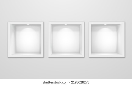 Empty square niche shelves with lighting in the wall. Vector 3d illustration.