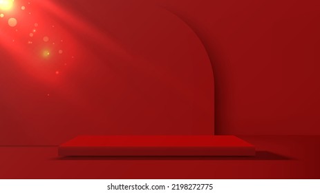 Empty square pedestal for product display on Red room scene background. Vector illustration.