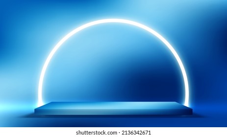 pedestal cuadrado vacío para pantallas de productos con forma redonda de iluminación de neón sobre fondo índigo de tinte. Ilustración vectorial.