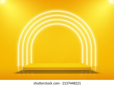 Empty square pedestal for product displays with neon arch lighting on yellow background. Vector illustration.