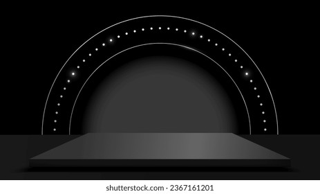 Leeres quadratisches Sockel für Produktanzeigen mit moderner Runde auf schwarzem Hintergrund. Vektorgrafik