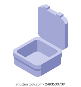 Empty square plastic container box is shown opened with its lid raised at an angle in an isometric view