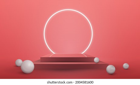 Empty square podium with realistic spheres and neon ring on background