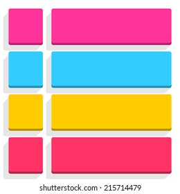 Empty square and rounded rectangle icon with long gray shadow on white background in simple flat style. Set 03 pink, blue, yellow, magenta colors button. Vector illustration web design element 8 eps