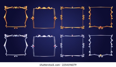 Empty square silver and gold frames in medieval style for game ui design. Vector cartoon set of user interface elements with metal flourish thin border with gems isolated on background svg
