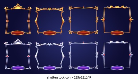 Marcos cuadrados vacíos de plata y oro en estilo medieval para el diseño ui del juego. Conjunto de dibujos animados vectores de elementos de interfaz de usuario, borde delgado metálico con gemas y botones rojos, violeta aislado en el fondo