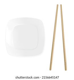 Empty square sushi plate, chopsticks. Porcelain utensils for sushi, traditional wooden chopsticks for asian food, japanese dishes restaurant isolated, 3d realistic vector illustration