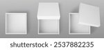 Empty square white box mockups set isolated on background. Vector realistic illustration of blank carton package for shoes, holiday gift wrapping, shopping discount symbol, open parcel top view