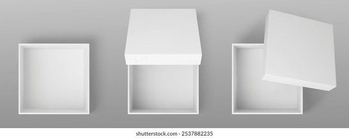 Leere, quadratische, weiße Box-Mockups einzeln auf Hintergrund. Vektor realistische Illustration von leerem Karton Paket für Schuhe, Feiertagsgeschenkverpackung, Einkaufsrabattsymbol, offene Paket Draufsicht