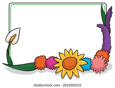 Empty squared frame template decorated with leaves and flowers: anthuriums, pom poms, daisy and lavender in cartoon style, isolated over white background.