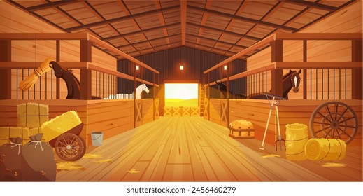 Estable vacío en el interior, vista en perspectiva del pasillo con puestos y puerta. Granero de la granja de madera en rancho, casa de campo con cobertizos de madera para vacas y caballos, heno para la Ilustración vectorial de dibujos animados de alimentación animal