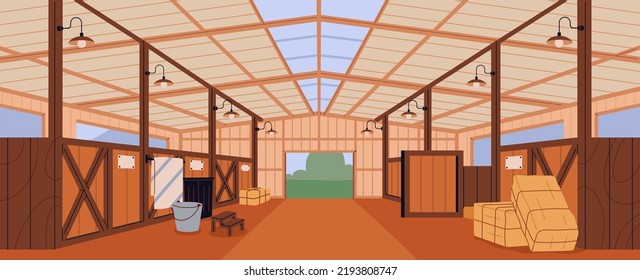 Empty stable, stall panorama. Inside wood shed interior. Paddock building for farm livestock, cattle, horse. Rural country storehouse hangar background with hay, gate. Flat vector illustration svg