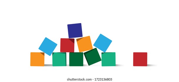  Empty stack of cubes for creative design. Scattered colorful blocks, place for text. variety colorful blocks. Bounch of colorfuls bricks for kids. Vector illustration. Toy cubes design