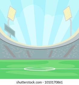 Empty stadium with a green grass in the day time under a blue sky, illuminated sport field background vector Illustration