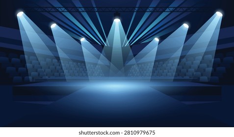 empty stadium stage bright blue spotlights shining from a metallic overhead truss. tiers of spectator seating in the background. concert or performance.