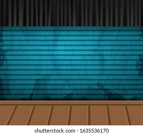 Empty stage background with black curtain and vintage blue wall on wooden floor. Vector illustration