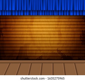 Empty stage background with blue curtain and vintage yellow wall on wooden floor. Vector illustration