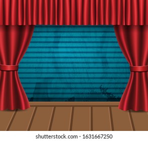 Empty stage background with red curtain and vintage blue wall on wooden floor. Vector illustration