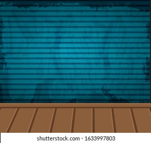 Empty stage background with vintage blue wall on wooden floor. Vector illustration