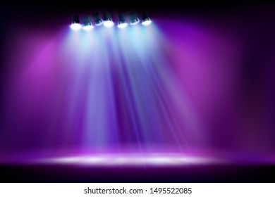 Empty stage before the show. Spotlights on purple background. Vector illustration.