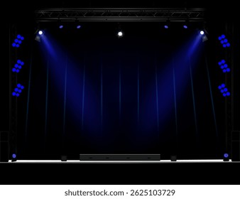 Palco vazio com iluminação azul, treliças com holofotes, suportes laterais com luzes redondas, alto-falantes pretos nas laterais, fundo escuro com listras verticais, plataforma branca. Ilustração do vetor EPS10.