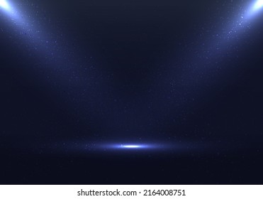 Empty stage blue scene background with spotlights and dust particles effect. Vector graphic illustration