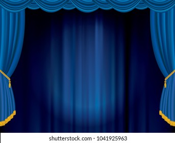 empty stage with blue velvet curtain, show business vector background