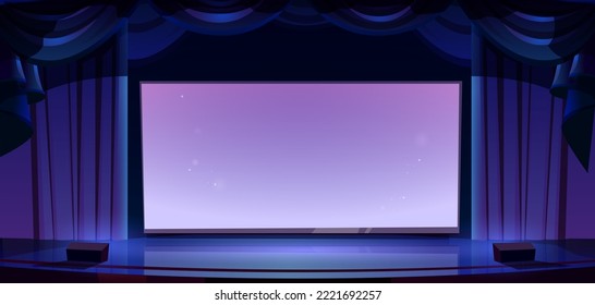 Empty stage with cinema screen. Cartoon vector illustration of concert hall, theater interior. Movie display on wall, dark scene decorated with curtains. Preparations for performance or film festival