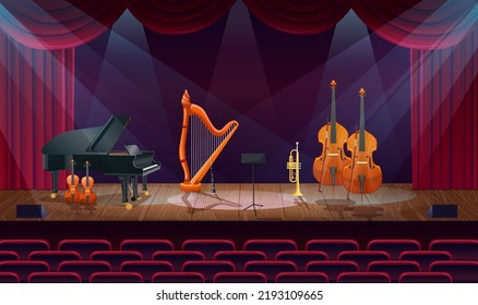 Empty Stage With Classical Instruments. Nobody Classic Music Concert Hall By Spot Lights. Scene In Philharmonic Audience With Black Grand Piano, Violin, Cello, Harp On Empty Scene. Vector