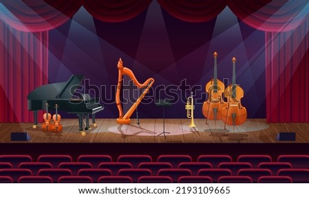 Empty stage with classical instruments. Nobody classic music concert hall by spot lights. Scene in philharmonic audience with black grand piano, violin, cello, harp on empty scene. Vector