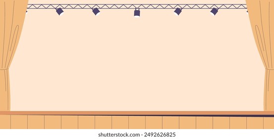 Leere Bühne mit geschlossenen Vorhängen und Scheinwerfern oben ist für eine Aufführung vorbereitet, ideal für Theater, Konzert
