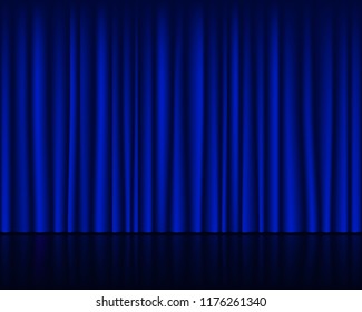 Empty stage with dark blue curtain seamless template. Vector background.